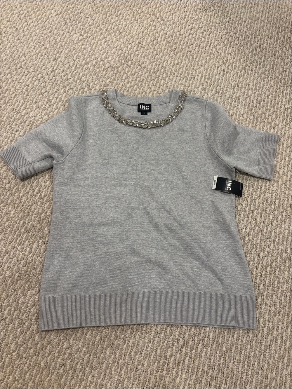 INC International Concepts Light Gray Jeweled Crew Neck Sweater